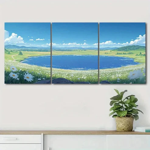 3pcs Green Meadows and White Daisies Wall Art Set Canvas Unframed - High Quality Print 100% Australian Made Wall Canvas