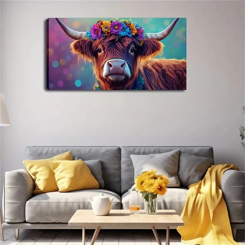 Vibrant Cow With Colorful Wall Art Canvas Office Home Room Framed 120x60cm
