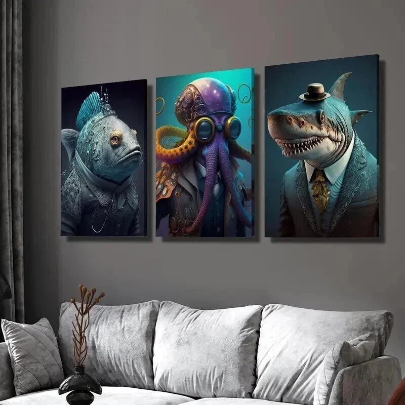3pcs Oceanic Octopus Dolphin Fish in Suits Wall Art Set Canvas Framed 40x60cm - High Quality Print 100% Australian Made Wall Canvas Ready to Hang