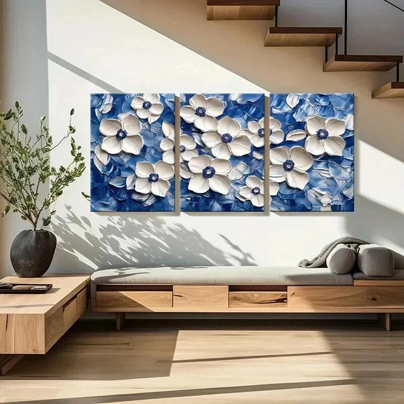 3pcs White Flowers on Blue Abstract Oil Painting Wall Art Set Canvas Framed 60x90cm - High Quality Print 100% Australian Made Wall Canvas Ready to Hang - Bella Home Decor