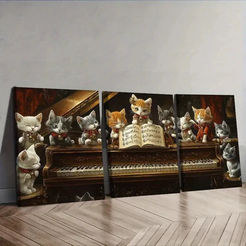 3pcs The cat on the piano Wall Art Set Canvas Unframed - High Quality Print 100% Australian Made Wall Canvas
