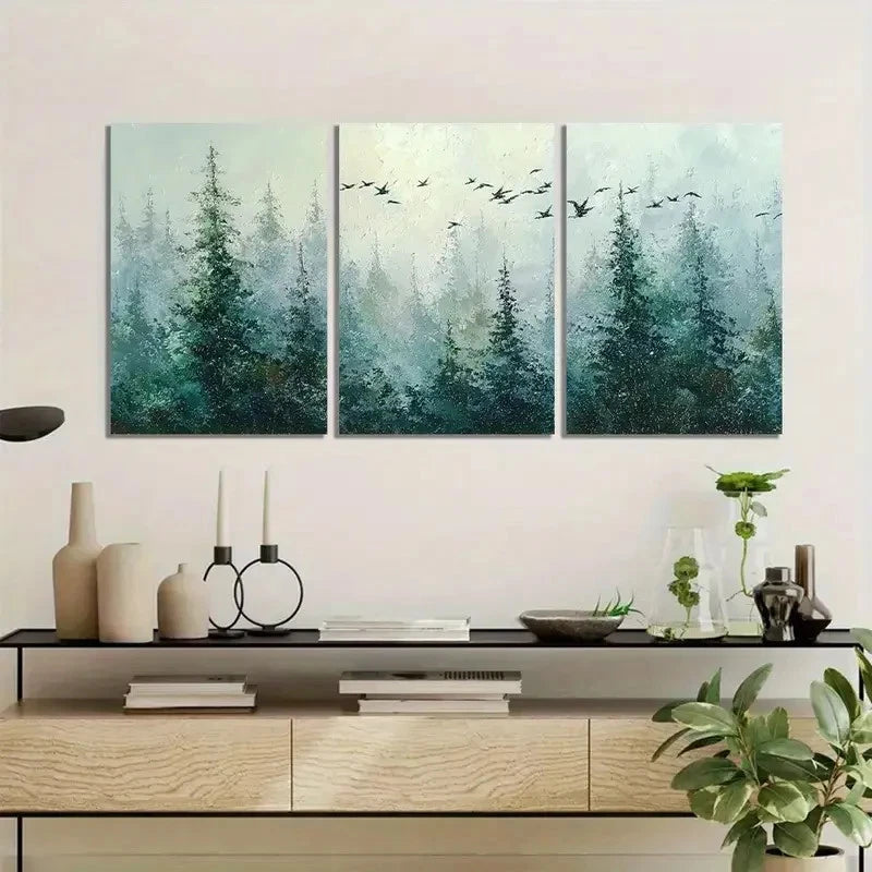3pcs Forest with Pine Trees And Flying Birds Metal Print Ready to Hang Art - Bella Home Decor
