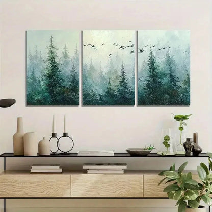 3pcs Forest with Pine Trees And Flying Birds Metal Print Ready to Hang Art - Bella Home Decor