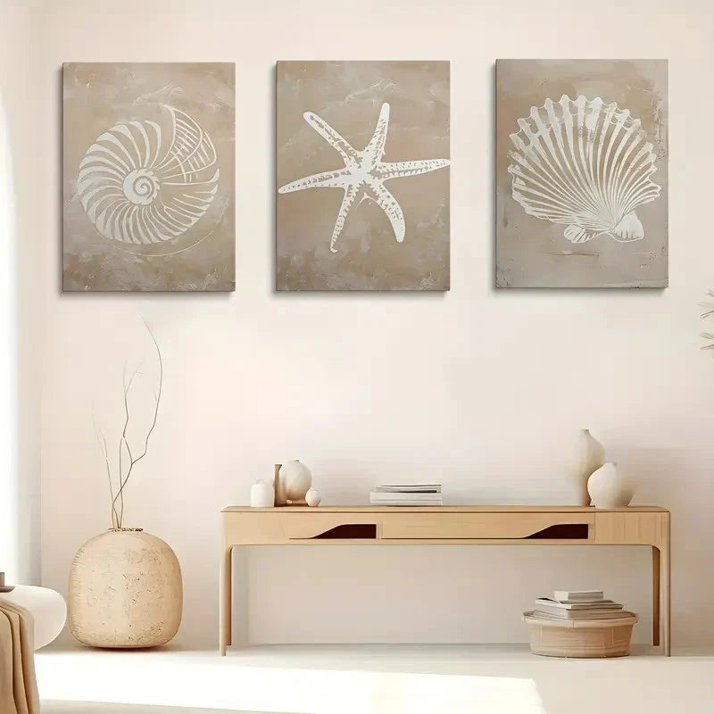 3pcs Geometric Shells and Starfish Metal Print Ready to Hang Art - Bella Home Decor