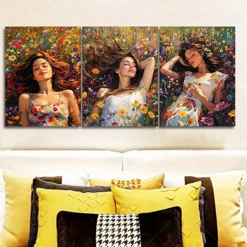 3pcs A Woman Surrounded By Vibrant Flowers Wall Art Set Canvas Unframed - High Quality Print 100% Australian Made Wall Canvas - Bella Home Decor
