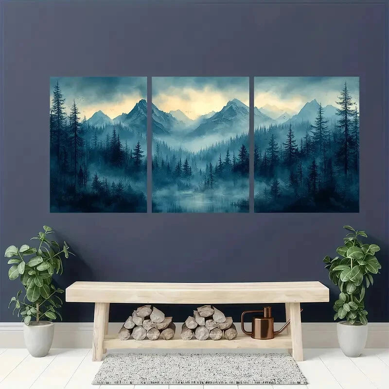 3pcs Wyoming Foggy Mountain Landscape Metal Print Ready to Hang Art
