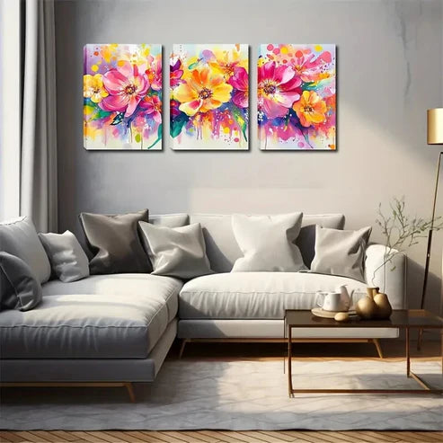 3pcs Bright Colors Splash Flower  Wall Art Set Canvas Unframed - High Quality Print 100% Australian Made Wall Canvas - Bella Home Decor