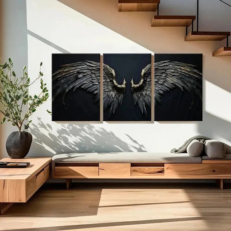 3pcs Abstract Black Angel Wings Golden Wall Art Set Canvas Framed 50x70cm - High Quality Print 100% Australian Made Wall Canvas Ready to Hang - Bella Home Decor