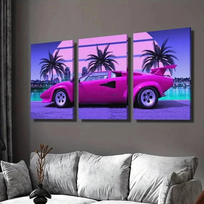 3pcs Vibrant Pink Sports Car Trees & Cityscape Wall Art Set Canvas Framed 50x70cm - High Quality Print 100% Australian Made Wall Canvas Ready to Hang
