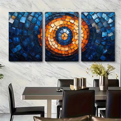 3pcs Abstract Mosaic Spiral Blue Orange Metal Print Ready to Hang Art - Bella Home Decor