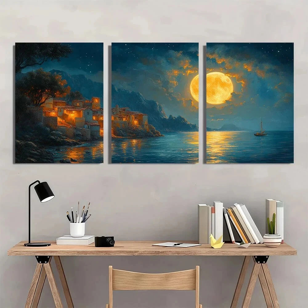 3pcs Midnight Greek Fishing Village Full Moon Metal Print Ready to Hang Art - Bella Home Decor