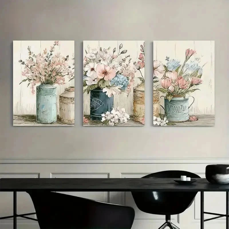 3pcs Watercolor Style Wall Art with Pastel Flowers Metal Print Ready to Hang Art - Bella Home Decor