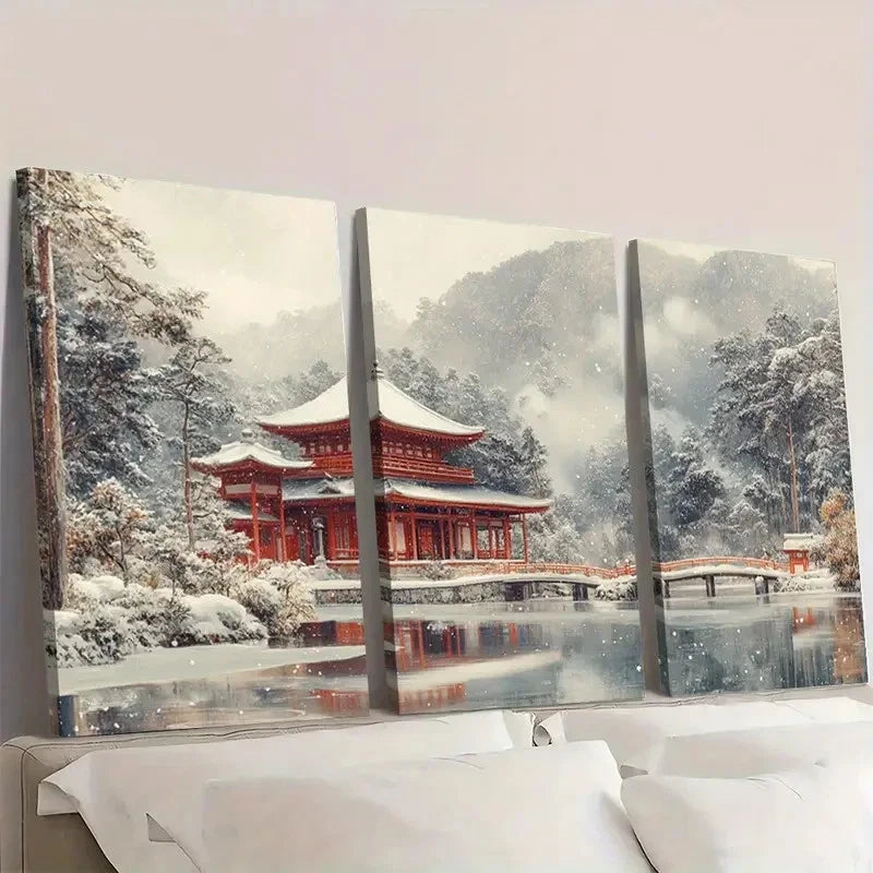 3pcs Ukiyo E Scenery of a Temple GF   Wall Art Set Canvas Framed 50x70cm - High Quality Print 100% Australian Made Wall Canvas Ready to Hang