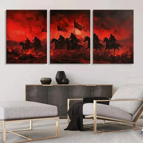3pcs Red Warrior Cavalry Horsemen Flags Wall Art Canvas Unframed - High Quality Print 100% Australian Made Wall Canvas