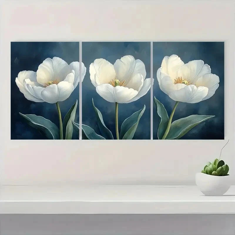 3pcs Elegant White Tulips Floral Watercolor Metal Print Ready to Hang Art - Bella Home Decor
