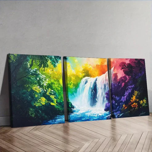 3pcs A Waterfall In The Forest Nature Wall Art Set Canvas Framed 60x90cm - High Quality Print 100% Australian Made Wall Canvas Ready to Hang