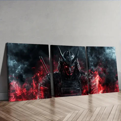 3pcs A Crimson Warrior with Black Horns Wall Art Canvas Unframed - High Quality Print 100% Australian Made Wall Canvas