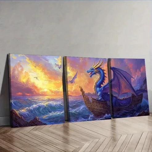3pcs Blue Dragon on Boat Canvas Wall Art Set Canvas Unframed - High Quality Print 100% Australian Made Wall Canvas - Bella Home Decor