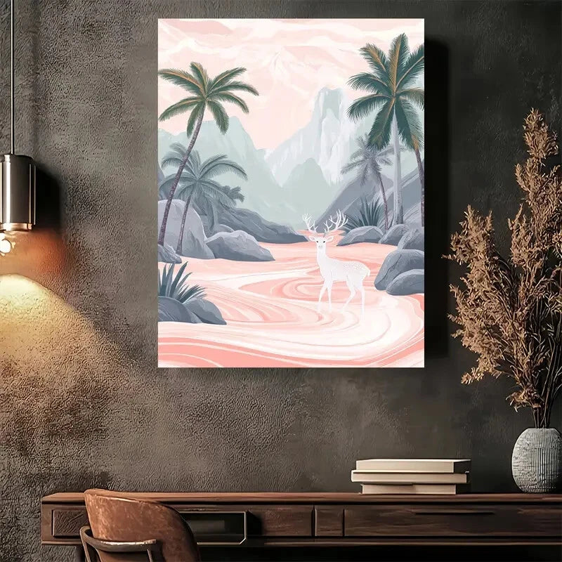 Beautiful Palm Trees and Deer in Pastel Waterscape 40x60cm Metal Print Ready to Hang - Bella Home Decor