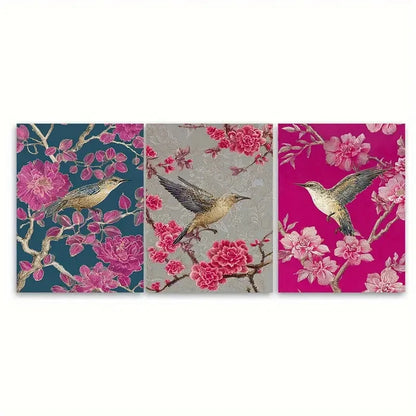 3pcs Vintage Vietnamese Floral Pink Illustration Wall Art Set Canvas Framed 60x90cm - High Quality Print 100% Australian Made Wall Canvas Ready to Hang