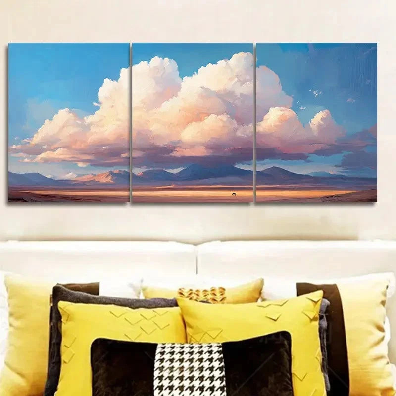3pcs Fluffy Clouds Over a Vast, Flat Landscape  Wall Art Set Canvas Framed 60x90cm - High Quality Print 100% Australian Made Wall Canvas Ready to Hang - Bella Home Decor