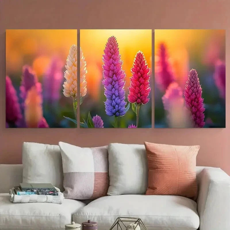 3pcs Vibrant Sunny Field Of Amaranth Flowers Metal Print Ready to Hang Art - Bella Home Decor