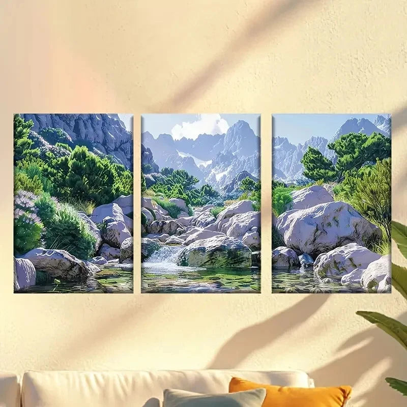 3pcs Green Mountains and Clear Waters Wall Art Set Canvas Framed 40x60cm - High Quality Print 100% Australian Made Wall Canvas Ready to Hang