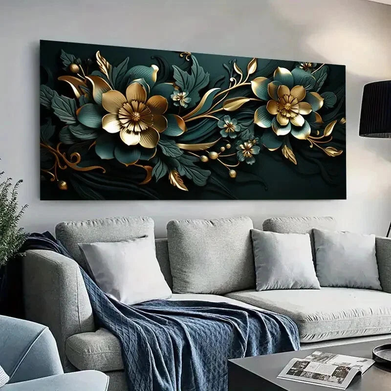 Modern Green with Flowers wall canvas office home room framed 120x60cm - Bella Home Decor
