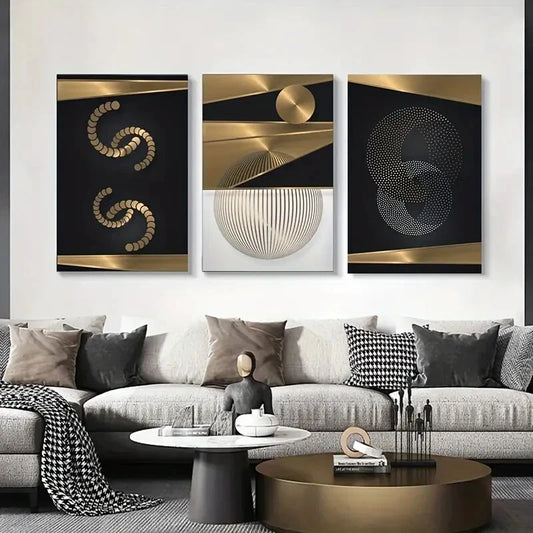3pcs Elegant Black & Golden Geometric Metal Print Ready to Hang Art