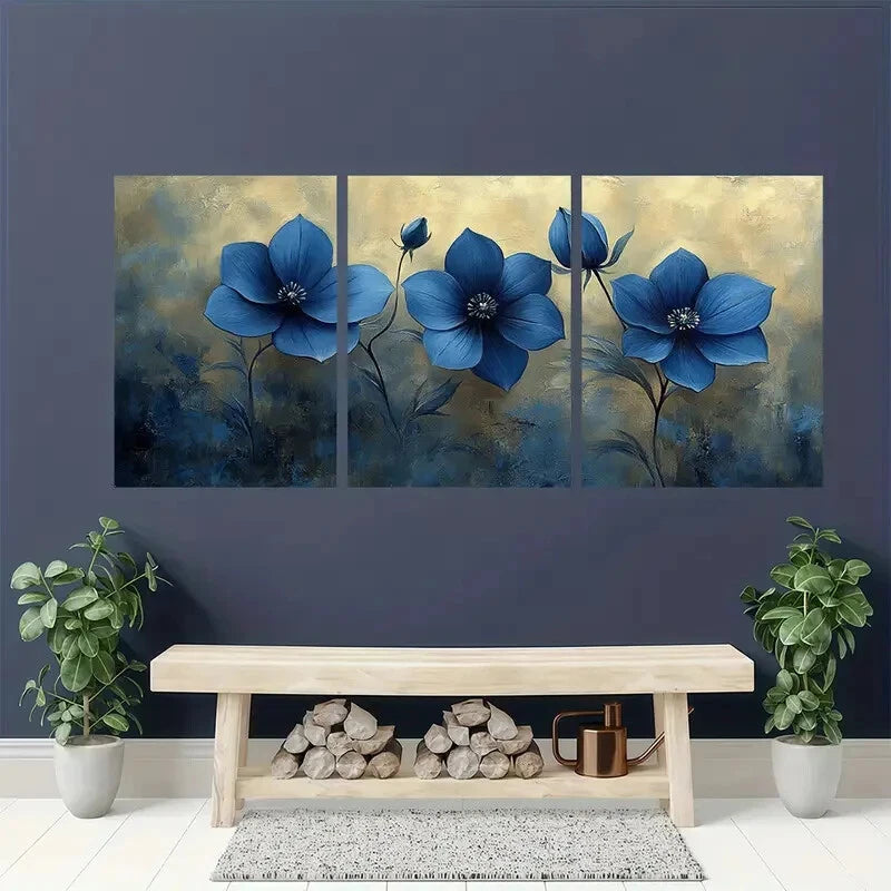 3pcs Elegant Blue Bellflower Serene Floral Metal Print Ready to Hang Art