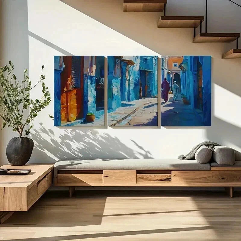 3pcs Vintage Blue Alley Moroccan Architecture  Wall Art Set Canvas Framed 60x90cm - High Quality Print 100% Australian Made Wall Canvas Ready to Hang - Bella Home Decor