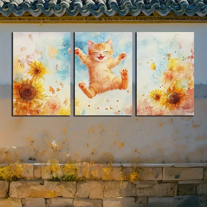 3pcs The Cat Is Playing in The Sunflower Field Metal Print Ready to Hang Art - Bella Home Decor