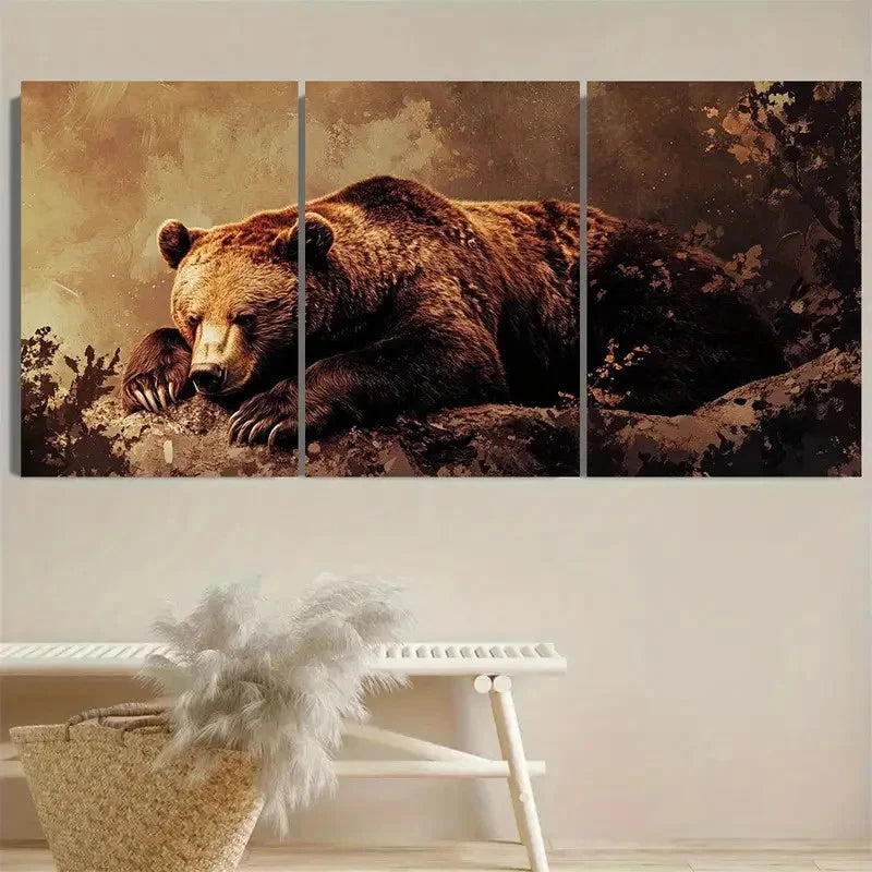 3pcs Vintage Brown Bear Wall Art Set Canvas Framed 50x70cm - High Quality Print 100% Australian Made Wall Canvas Ready to Hang