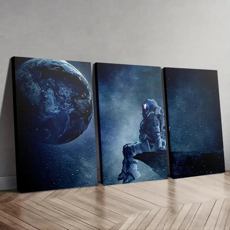 3pcs Astronaut Gazing at Earth Triptych Wall Art Set Canvas Framed 40x60cm - High Quality Print 100% Australian Made Wall Canvas Ready to Hang - Bella Home Decor