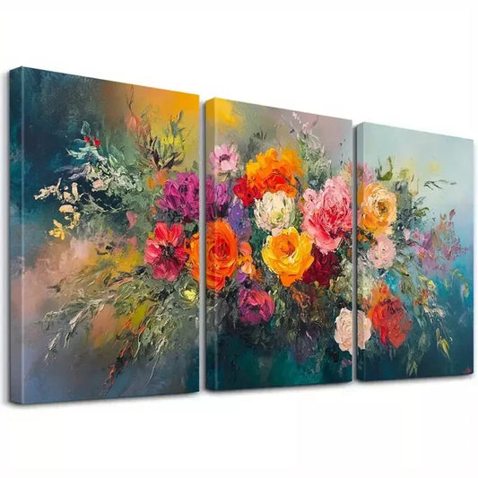 3pcs Energetic Aesthetic Floral Brushstroke Art Set Canvas Framed 50x70cm - High Quality Print 100% Australian Made Wall Canvas Ready to Hang
