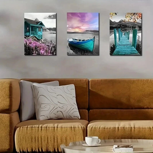 3pcs Cabin Purple Sailboat Pictures, Scenery Metal Print Ready to Hang Art