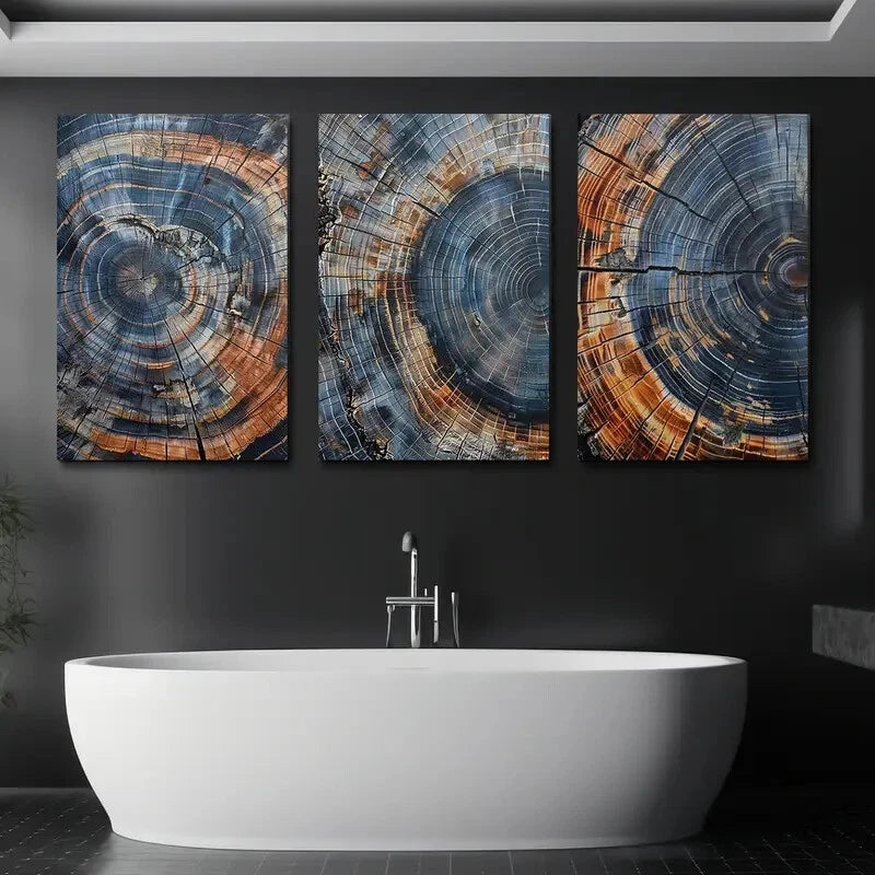 3pcs Abstract Wood Tree Rings Blue & Orange Metal Print Ready to Hang Art - Bella Home Decor