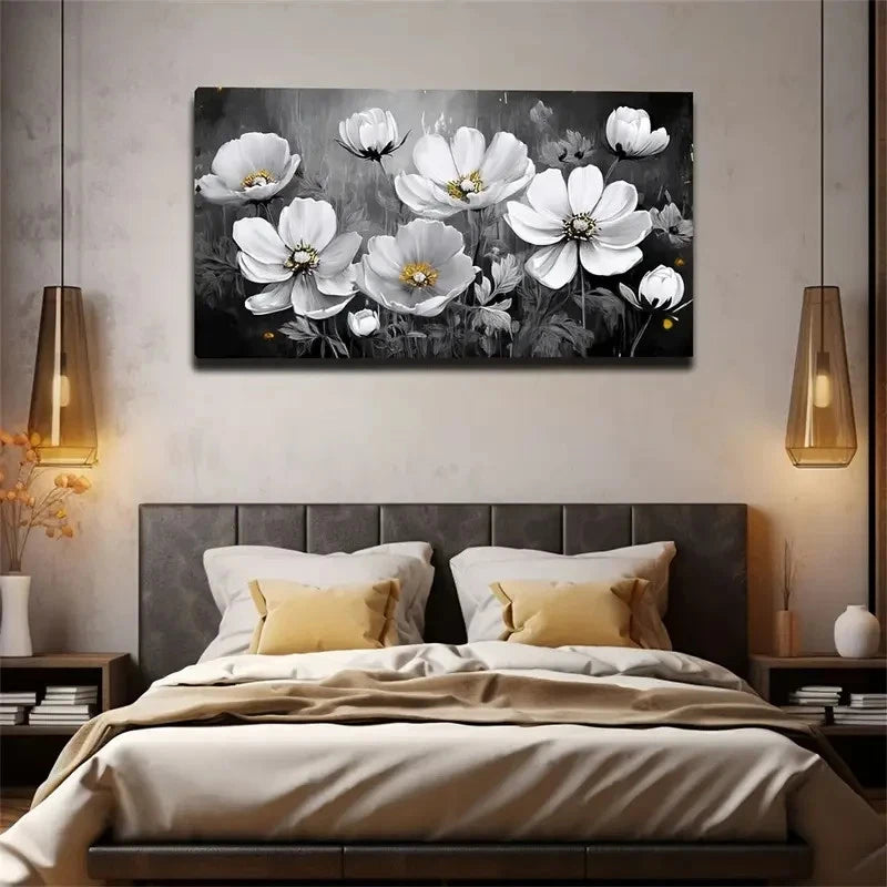 White Flowers Bohemian Modern Wall Art Canvas Office Home Room Framed 120x60cm