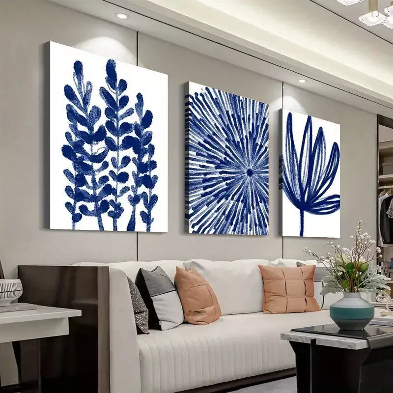 3pcs Vibrant Blue Abstract & Floral Canvas Framed 40x60cm - High Quality Print 100% Australian Made Wall Canvas Ready to Hang - Bella Home Decor