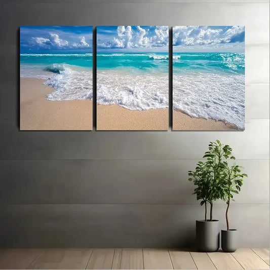 3pcs Turquoise Ocean Waves Sandy Shore  Wall Art Set Canvas Framed 60x90cm - High Quality Print 100% Australian Made Wall Canvas Ready to Hang