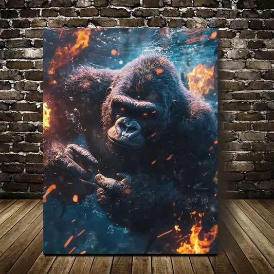 Gorilla Underwater Wrestling Scene with Glow Painting 40x60cm Metal Print Ready to Hang - Bella Home Decor