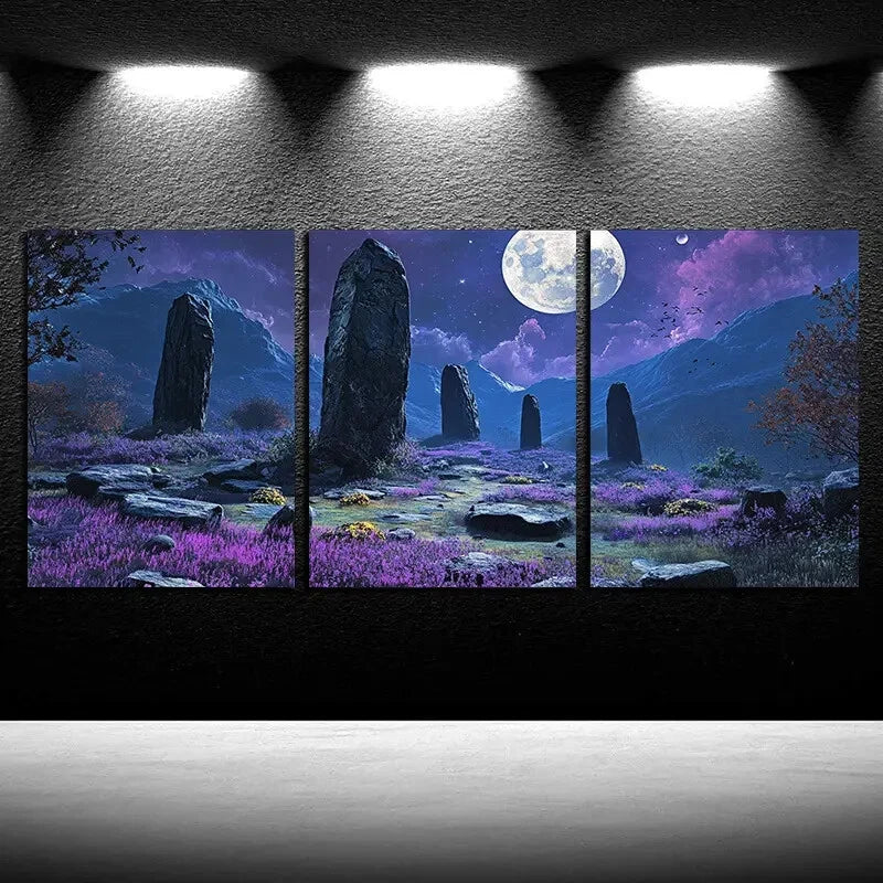 3pcs Purple Planet Ruins Illustration Metal Print Ready to Hang Art - Bella Home Decor