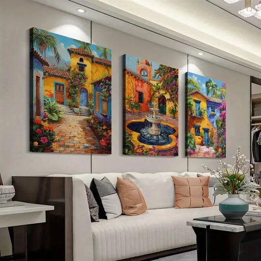 3pcs Mexican Architecture with Floral Design Wall Art Set Canvas Framed 50x70cm - High Quality Print 100% Australian Made Wall Canvas Ready to Hang