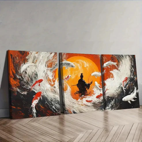3pcs Fisherman, Koi  Wall Art Set Canvas Unframed - High Quality Print 100% Australian Made Wall Canvas