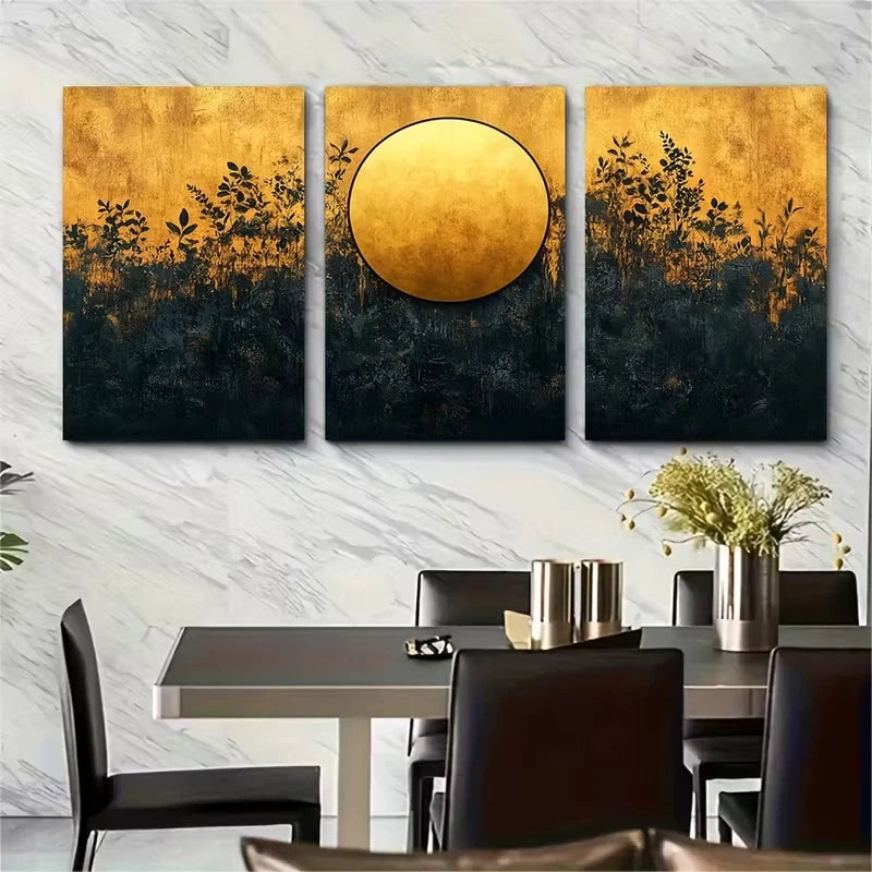 3pcs Abstract Golden Circle with Dark Floral Shape Metal Print Ready to Hang Art - Bella Home Decor