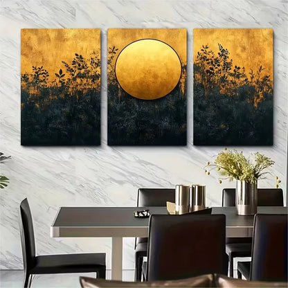 3pcs Abstract Golden Circle with Dark Floral Shape Metal Print Ready to Hang Art - Bella Home Decor