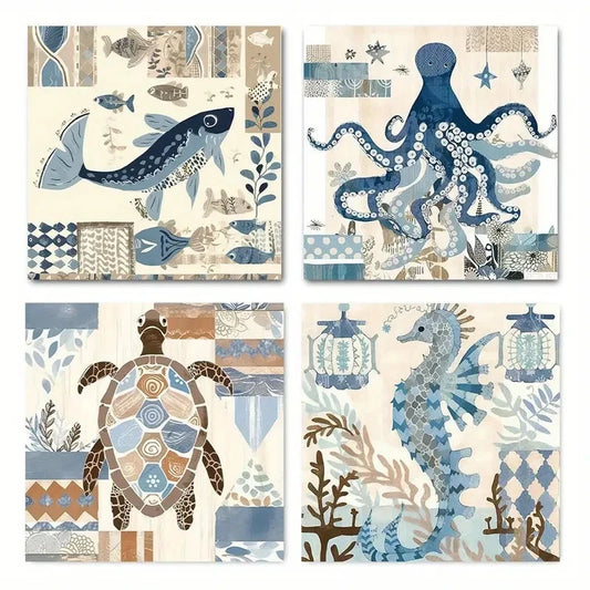 4pcsSea Turtle Octopus Seahorse Fish Wall Art Canvas Framed