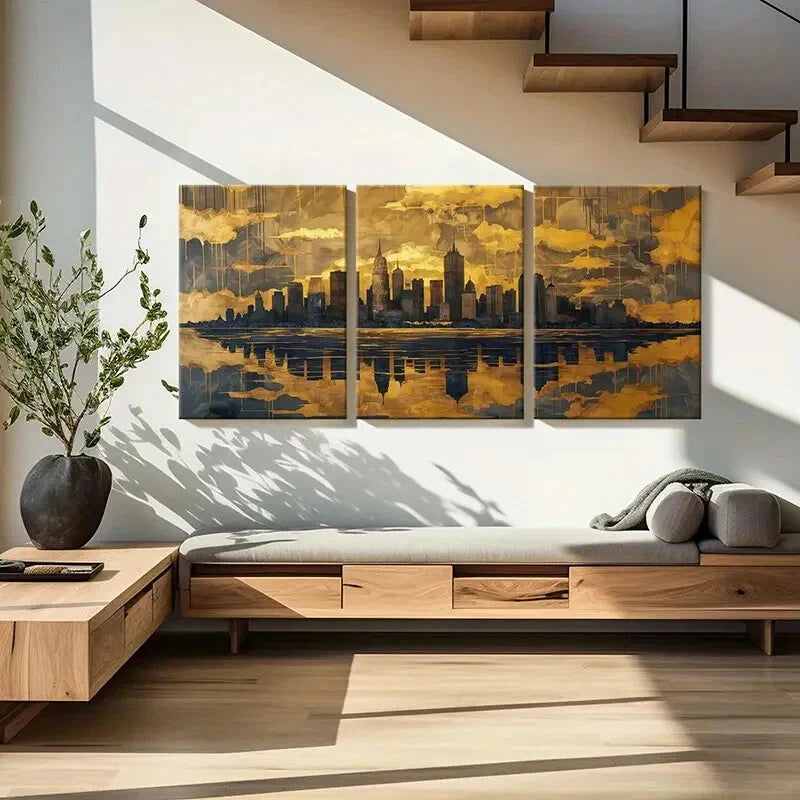 3pcs Golden Sky Cityscape Modern Urban Sky Design Metal Print Ready to Hang Art - Bella Home Decor