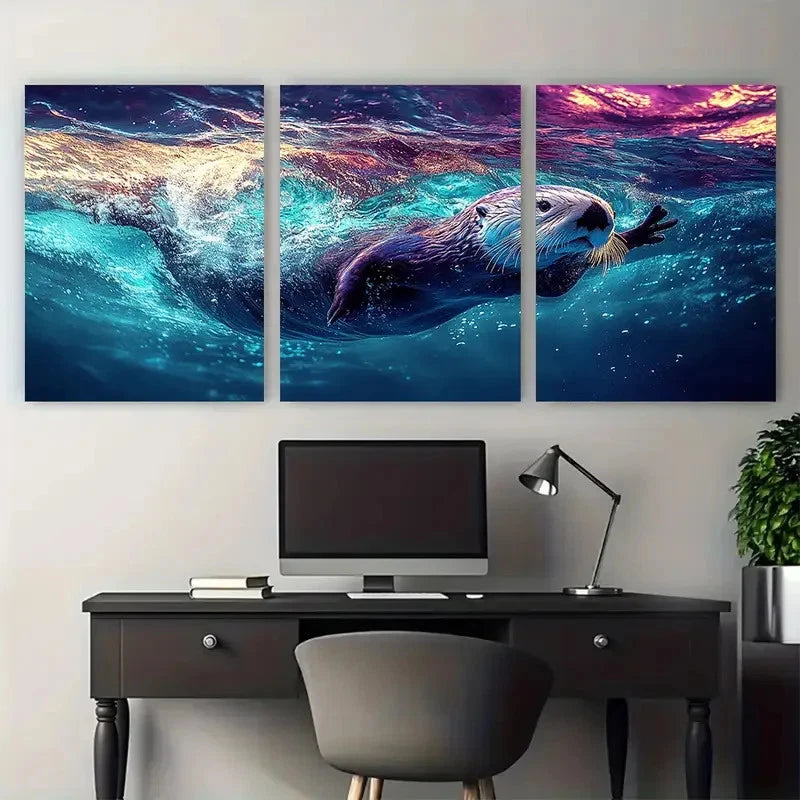 3pcs Cute Sea Otter Swimming in Blue Water Wall Art Set Canvas Framed 40x60cm - High Quality Print 100% Australian Made Wall Canvas Ready to Hang - Bella Home Decor