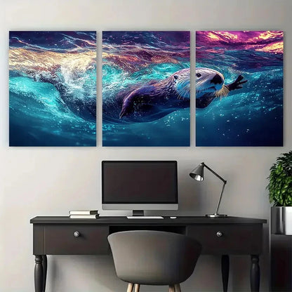 3pcs Cute Sea Otter Swimming in Blue Water Wall Art Set Canvas Framed 40x60cm - High Quality Print 100% Australian Made Wall Canvas Ready to Hang - Bella Home Decor
